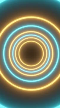 Abstract neon concentric circles in cyan and yellow light, creating a futur.. Stock Illustration