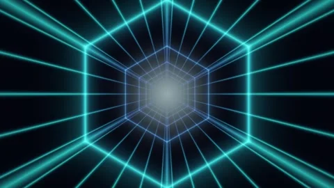 Abstract neon cyan hexagonal wireframe tunnel flythrough seamless loop animation Video stock 347076810