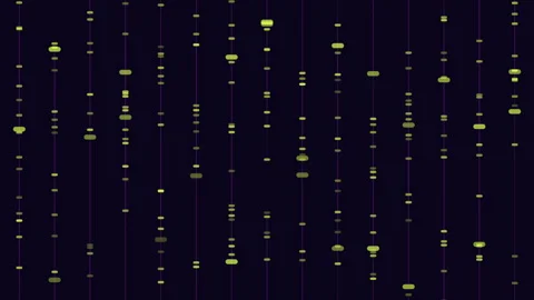 Abstract neon data stream with falling particles on dark technology background Stock Footage 333140884