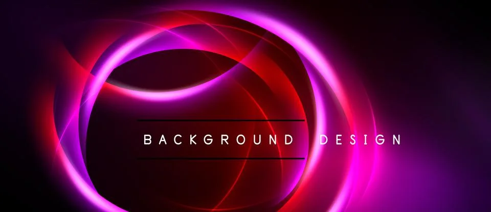 Abstract neon design features glowing red, purple circles. Dark background Stock Illustration