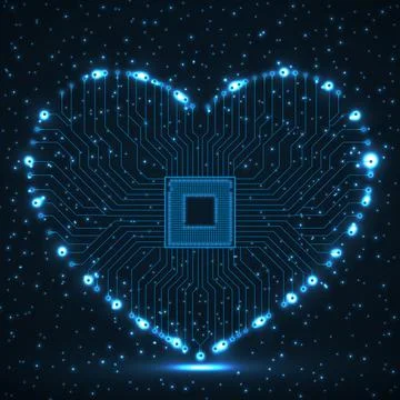 Abstract neon electronic circuit board in shape of heart, technology backgr.. Stock Illustration
