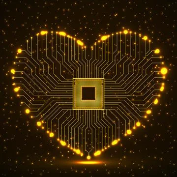 Abstract neon electronic circuit board in shape of heart, technology backgr.. Stock Illustration