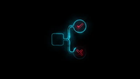 Abstract neon flowchart with checkmark and cross decision points animation. Stock Footage 338090031