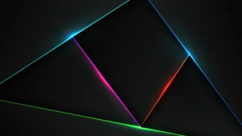 Abstract neon geometric background with glowing lines on dark overlapping l.. Illustrazione stock