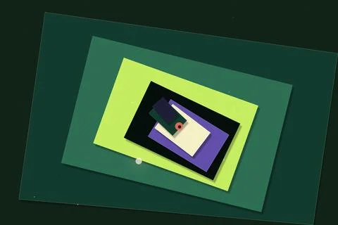 Abstract neon geometric layered frames in bright green and purple sit on a .. 스톡 일러스트