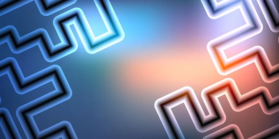Abstract Neon Geometric Maze Pattern Background with Orange Blue Glow Illustrazione stock