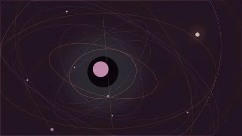 Abstract neon geometric orbit lines with a glowing purple center create a f.. Illustrazione stock