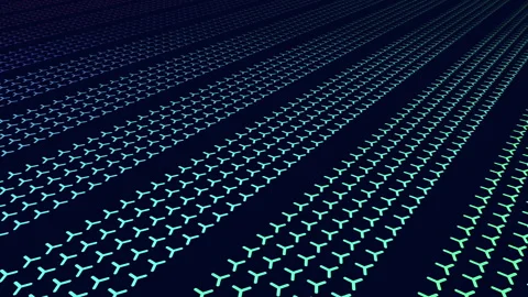 Abstract neon geometric pattern background with repeating symbols in perspective Stock Footage 333188735