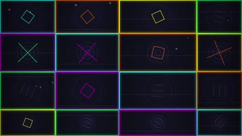 Abstract Neon Geometric Shapes Grid Animation on Dark Background Stock Footage 346659563