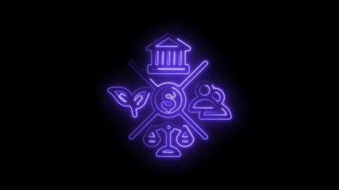 Abstract neon glowing icons representing finance justice nature and community Stock Footage 333960792