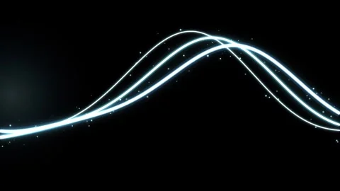 Abstract neon glowing light wave lines moving along smooth path on dark bla.. Video stock 344823602