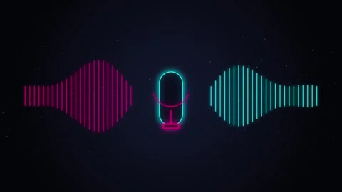 Abstract neon glowing microphone symbol surrounded by pulsating sound wave .. Stock Footage 346845577