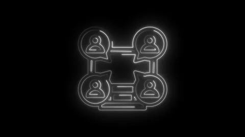 Abstract neon glowing network connection between four people icons symbolizing Stock Footage 333956385