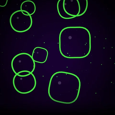 Abstract neon green circles overlay on dark purple gradient background Stock Footage 345689098