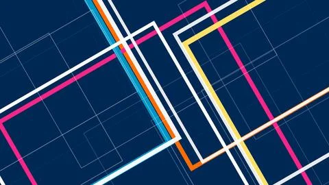 Abstract neon grid with intersecting geometric frames and glowing stripes c.. Illustrazione stock