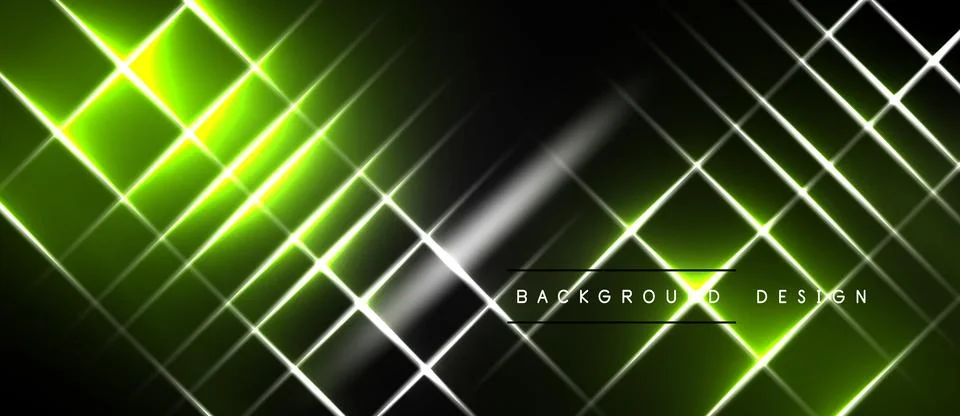 Abstract neon grid pattern. Bright green, white lines intersect over black Stock Illustration