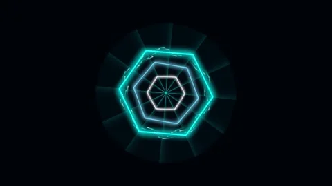 Abstract neon hexagon HUD interface rotating on black background with tech .. Video stock 342431604