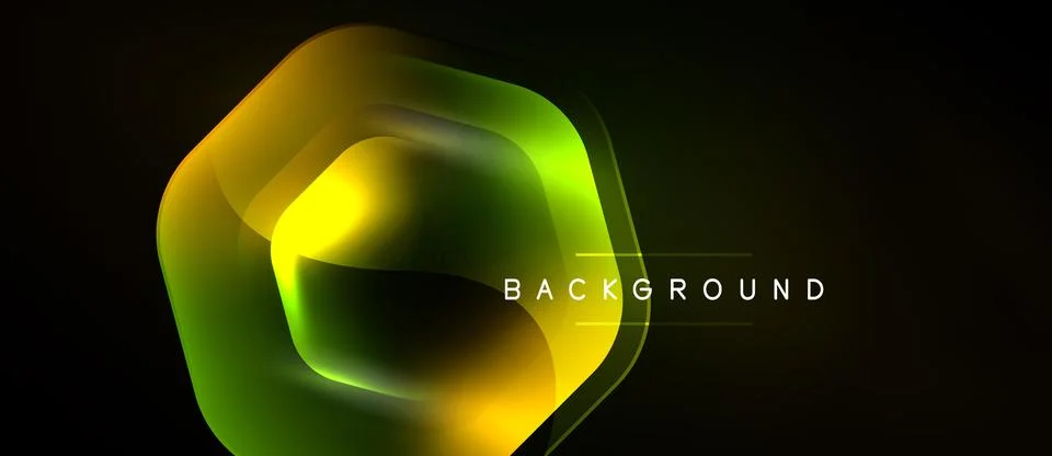 Abstract neon hexagon shape. Gradient colors blend yellow, green. Dark 스톡 일러스트