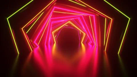 Abstract neon hexagon tunnel technological. Endless swirling animated backgro Stock Illustration