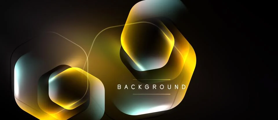 Abstract neon hexagons overlap, creating glowing geometric shapes. Dark 스톡 일러스트