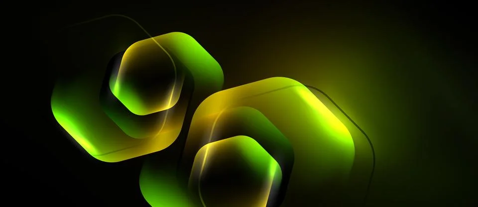 Abstract neon hexagons overlap, creating luminous shapes. Dark background Stock Illustration