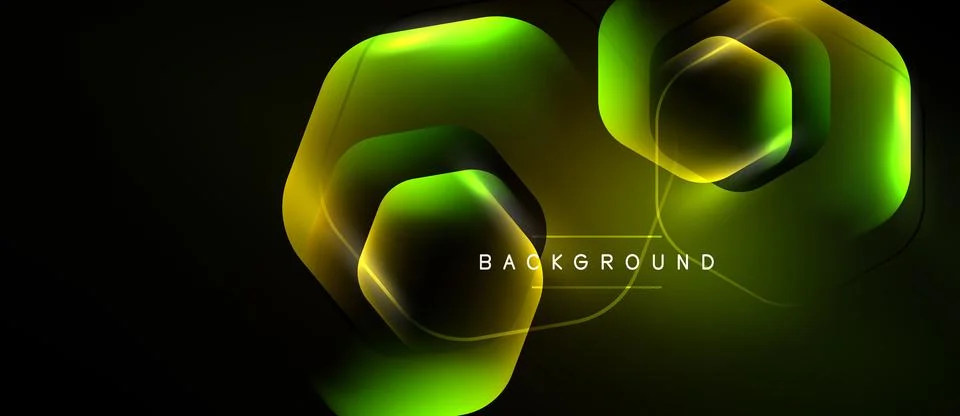 Abstract neon hexagons overlap dark background. Gradient colors create 스톡 일러스트