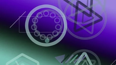 Abstract neon interface shows a circular waveform graphic, arrow symbols, a.. Stock Illustration