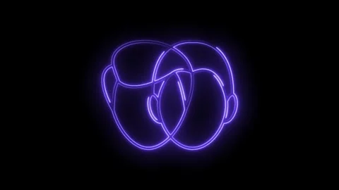 Abstract neon interlocking headphones animation on black background glowing.. Vídeos de archivo 312331480