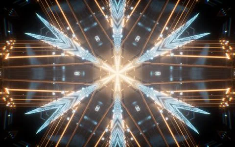 Abstract neon kaleidoscope pattern with glowing effects, 3d rendering. 스톡 일러스트