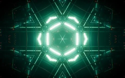 Abstract neon kaleidoscope pattern with glowing effects, 3d rendering. Ilustración de archivo