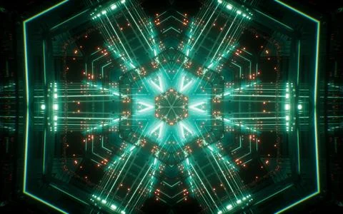 Abstract neon kaleidoscope pattern with glowing effects, 3d rendering. Ilustración de archivo