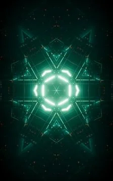 Abstract neon kaleidoscope pattern with glowing effects, 3d rendering. Stock Illustration