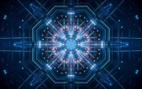Abstract neon kaleidoscope pattern with glowing effects, 3d rendering. 스톡 일러스트