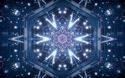 Abstract neon kaleidoscope pattern with glowing effects, 3d rendering. 스톡 일러스트