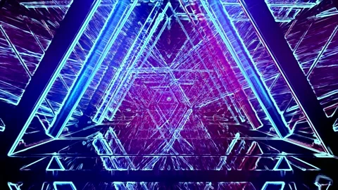 Abstract neon laser twist triangle fluorescent ultraviolet lights tunnel. Stock Footage 219713903