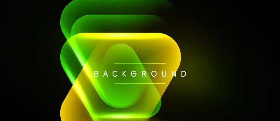 Abstract neon layers overlap, creating vibrant yellow, green glow. Dark 库存插图