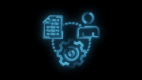 Abstract neon light animation of data processing with person and gear technology Stock Footage 322989746