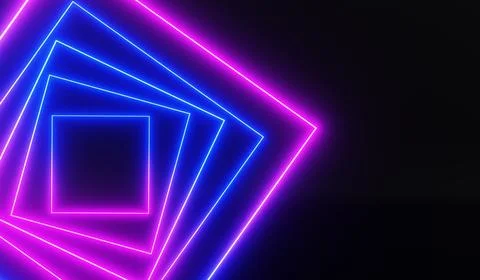 Abstract neon light background with rotation square frames in perspective and Stock Illustration