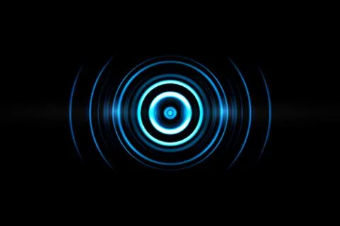 Abstract neon light blue circle effect with sound waves oscillating on black Stock Illustration