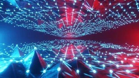 Abstract Neon Light. Blue high tech field with glow particles form lines Illustrazione stock