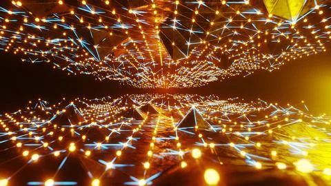 Abstract Neon Light. Blue high tech field with glow particles form lines Illustrazione stock