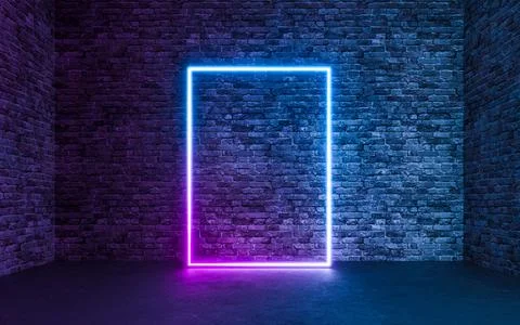Abstract Neon Light With Empty Grunge Concrete Brick Room Background. 3d rend Stock Illustration