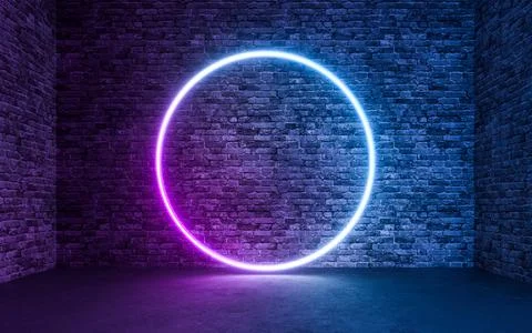 Abstract Neon Light With Empty Grunge Concrete Brick Room Background. 3d rend Stock Illustration