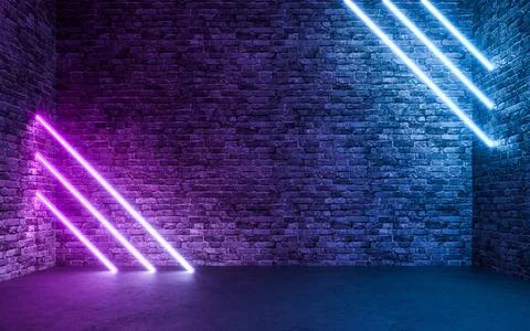 Abstract Neon Light With Empty Grunge Concrete Brick Room Background. 3d rend Stock Illustration