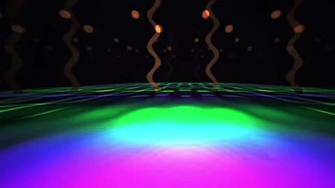 Abstract Neon Light Show with Wavy Orange Elements and Futuristic Grid Floor. Stock Footage 334499267