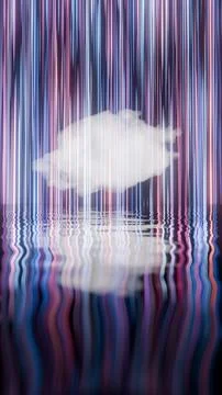 Abstract Neon Light Streaks with Floating Cloud Reflection on Water Surface Stock Illustration
