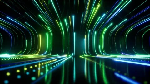 The Abstract Neon Light Trail design features vibrant colors in a dark, modern Stock Footage 321374797