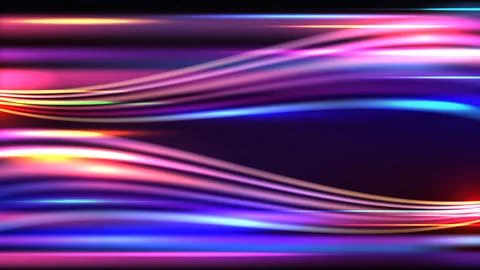 Abstract neon light trails with dynamic magenta and blue glowing lines on d.. Stock Illustration