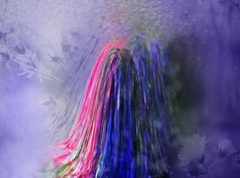 Abstract Neon Light Waterfall Over Purple Floral Background With Motion Blu.. Stock Illustration