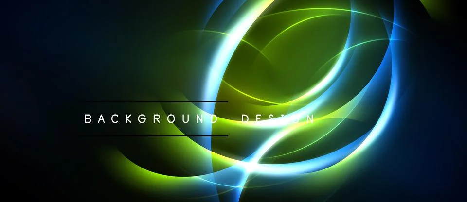Abstract neon lights create dynamic swirls. Vivid green, blue hues dominate.. Stock Illustration
